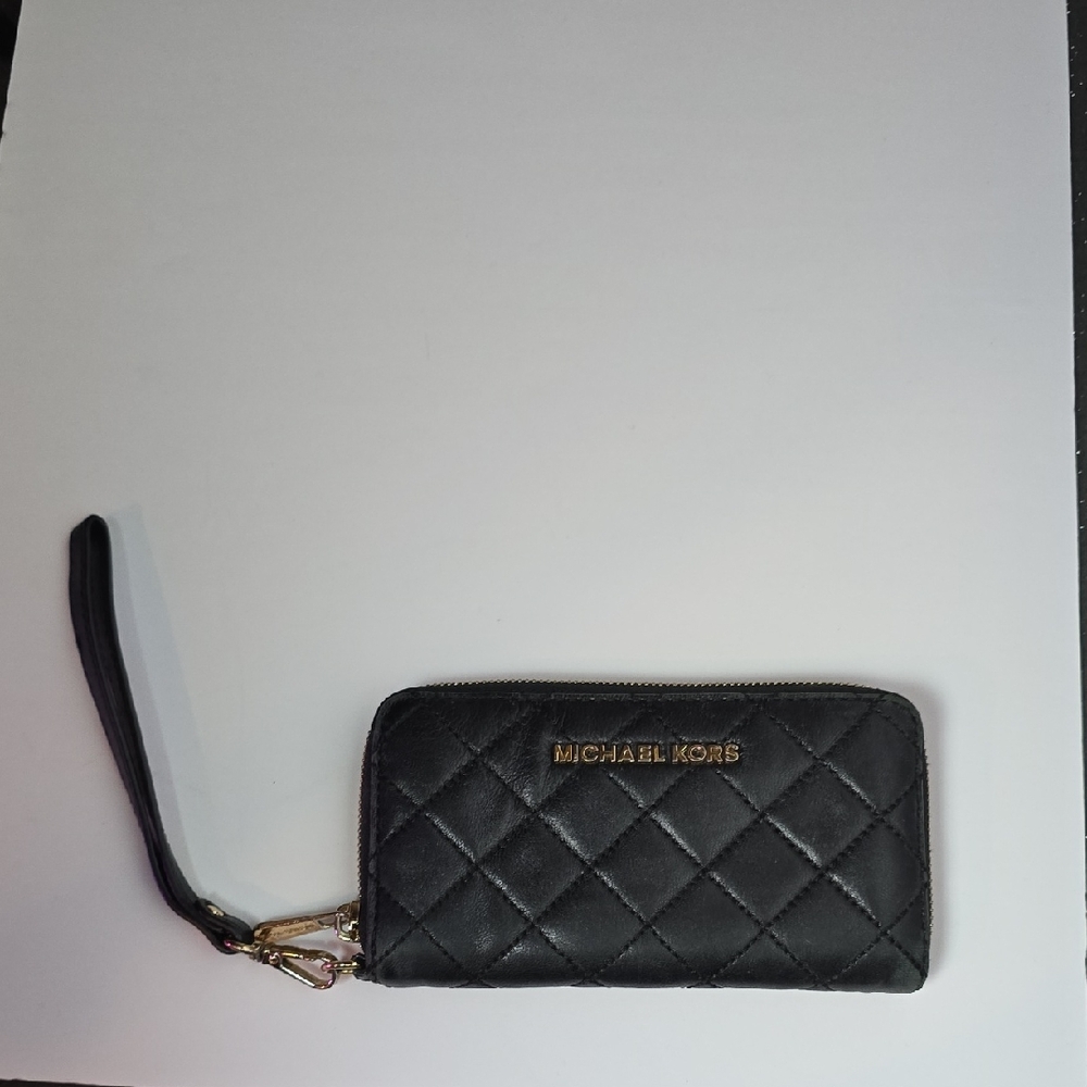 Michael Kors Black Quilted Wristlet Wallet with Gold Logo